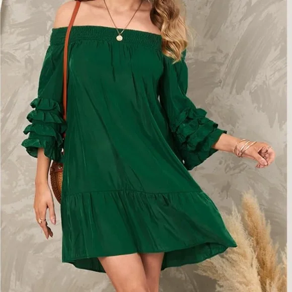 ⭐️NWT Black off the shoulder dress with ruffle sleeves and hem - Picture 2 of 8